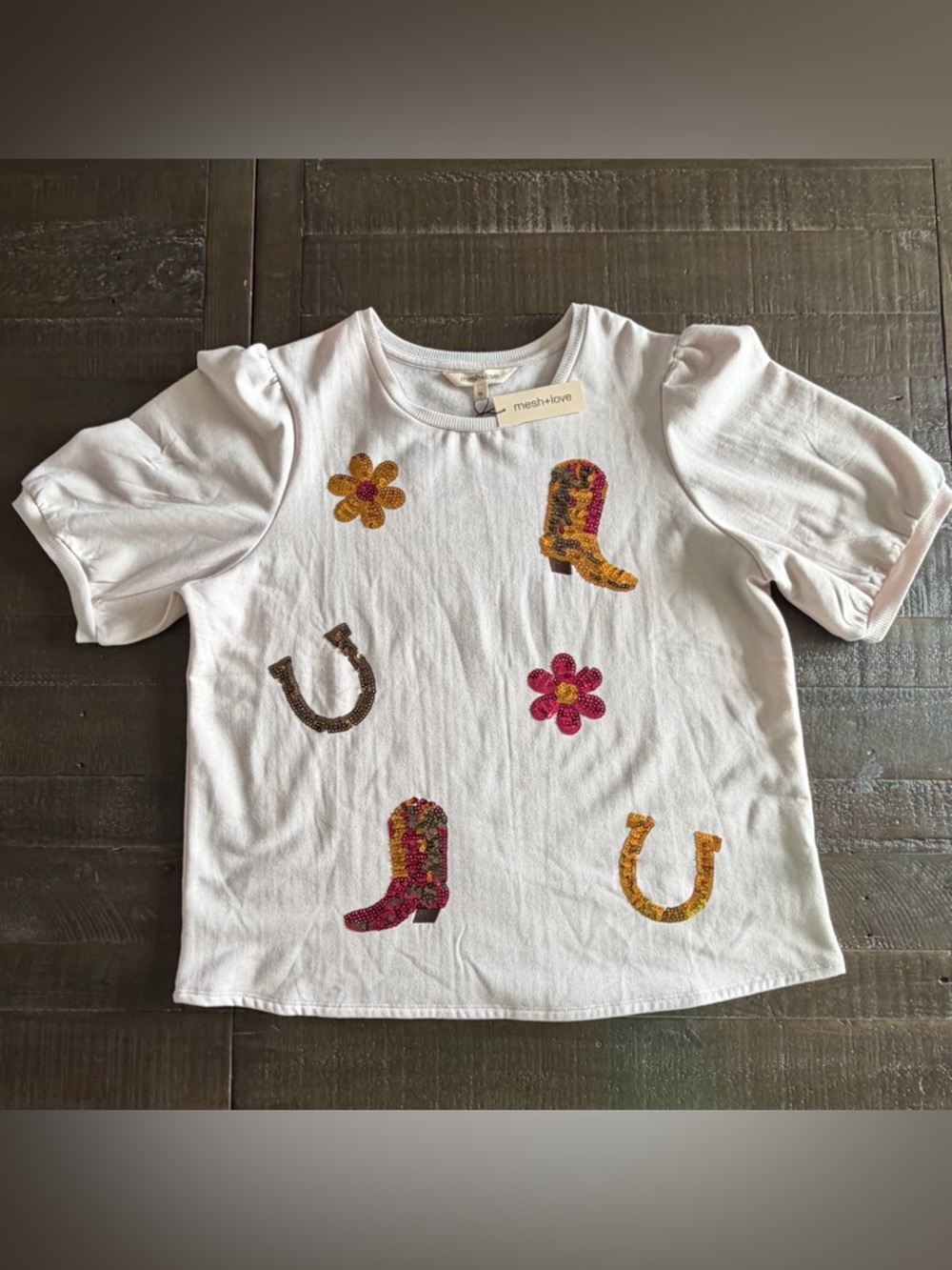 mesh+love‎ Light Pink Sequin Cowboy Boot & Horseshoe Tee NWT XL